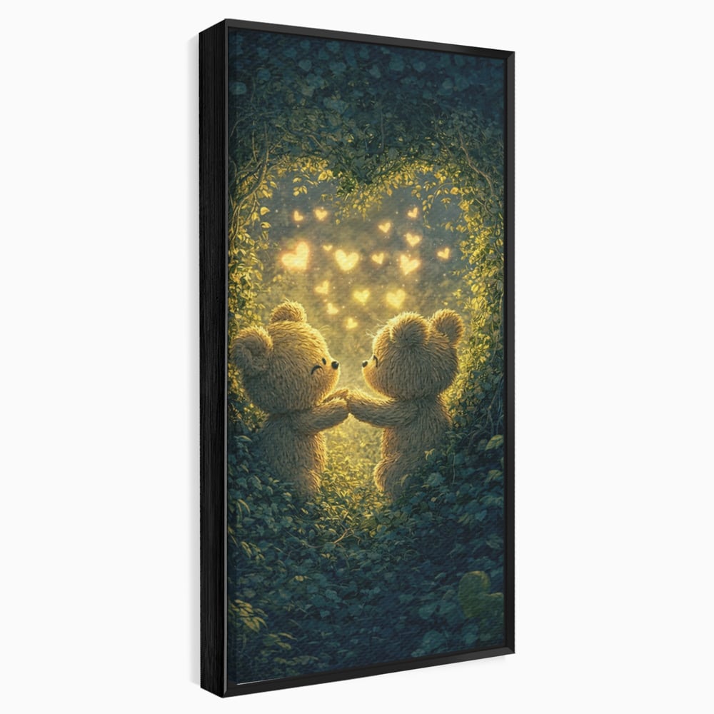 Tablou canvas cu doi ursuleti pufosi in padure, in rama de aluminiu negru